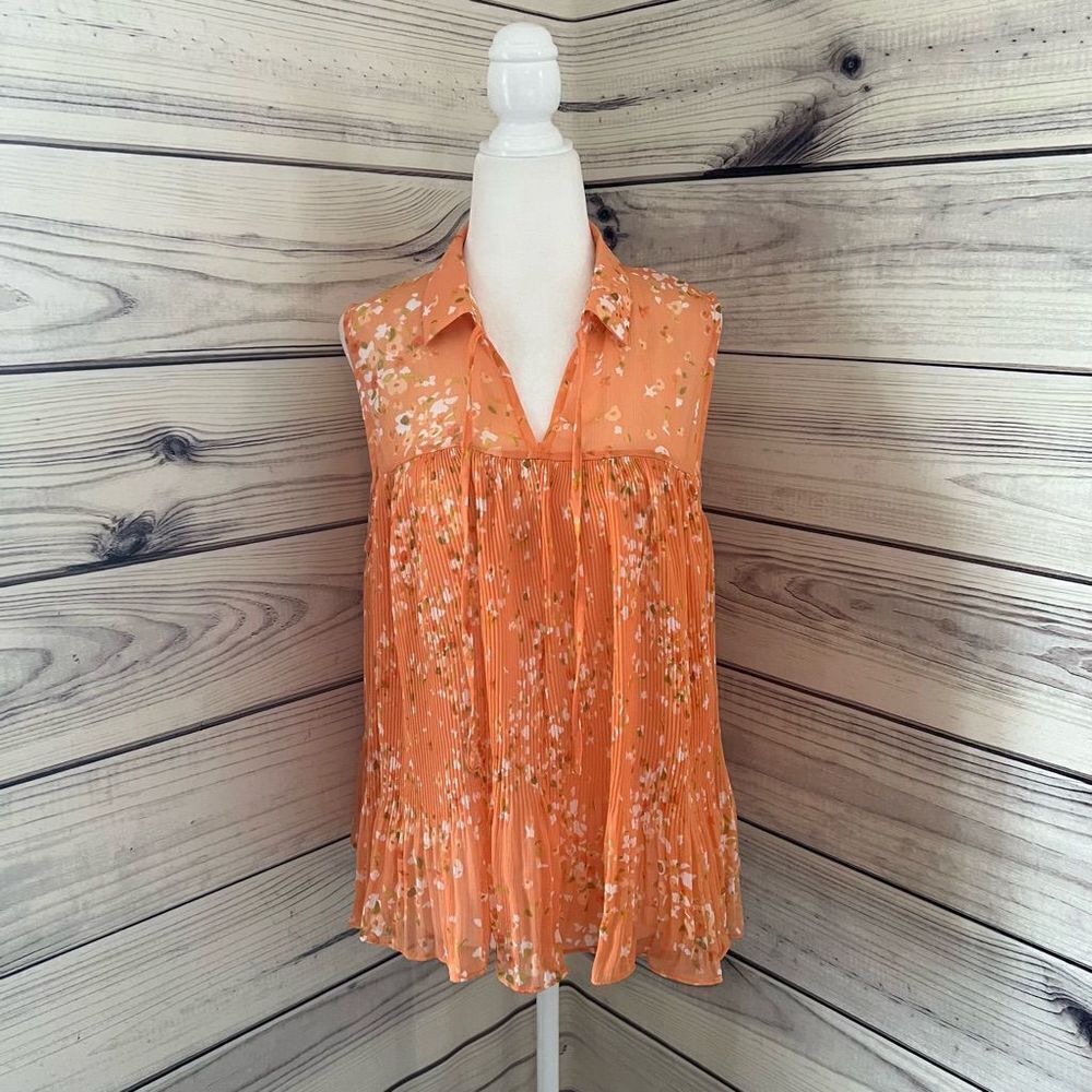 Lauren Conrad Orange Floral Pleated Flowy Tank Top